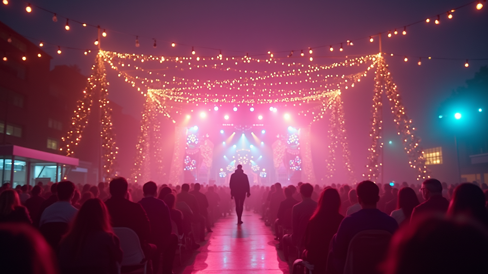 Eye-level view of a vibrant festival stage with colorful lights