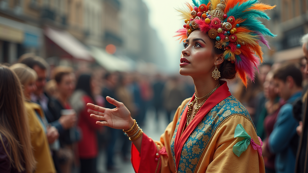 Close-up view of a colorful street performer entertaining festival-goers