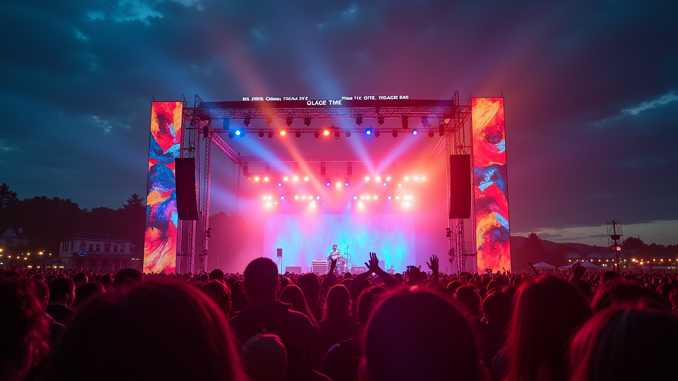 Eye-level view of a colorful festival stage with lights