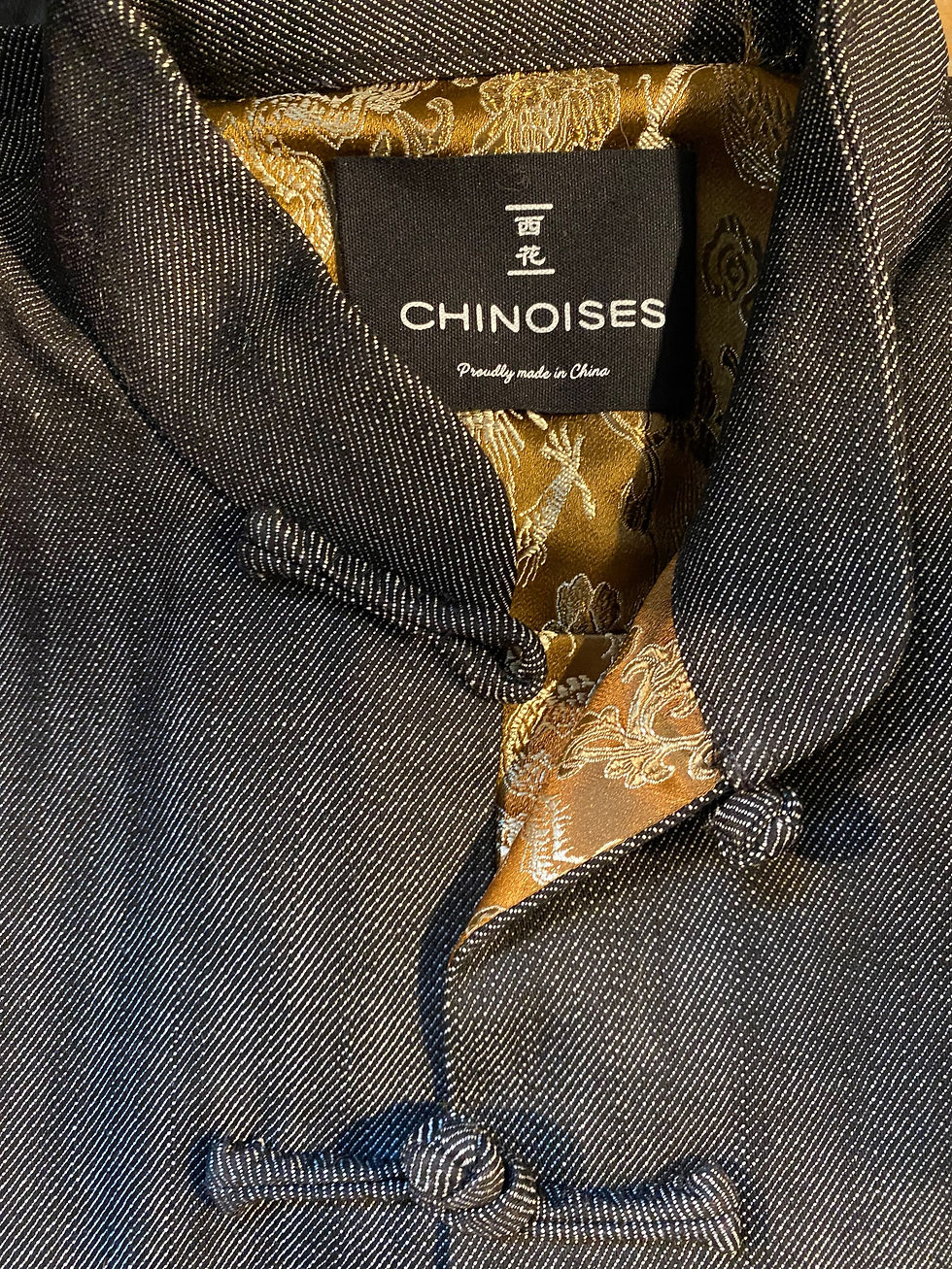 Thumbnail: Women's Chinese jacket with patch pockets in grey denim, lined with brocade