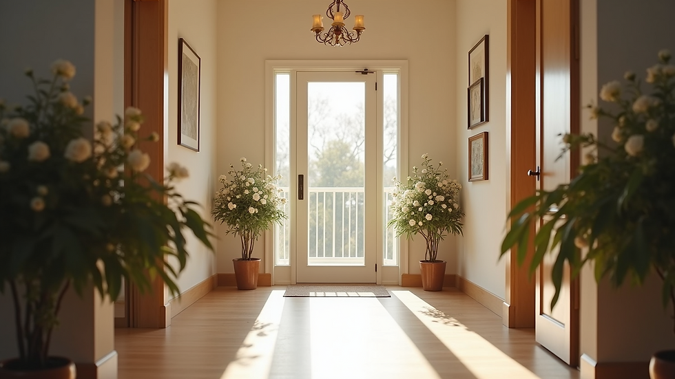Eye-level view of a welcoming entryway with fresh flowers