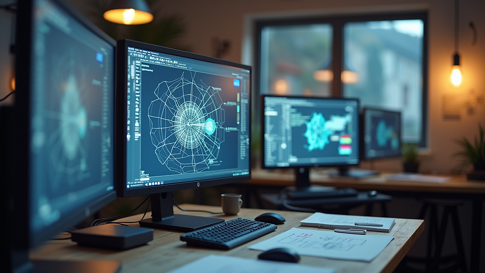 Eye-level view of a modern design studio with CAD software on screen