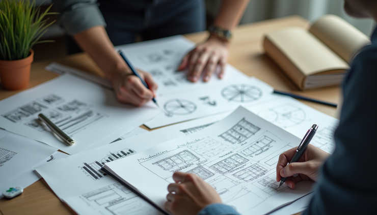 High angle view of a person reviewing product sketches and notes