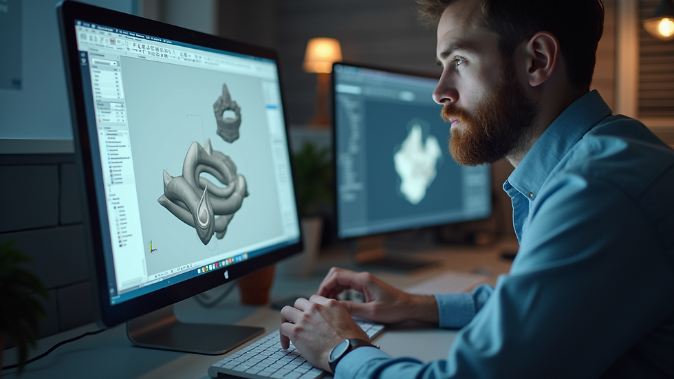 Close-up view of a designer working on a digital 3D model on a computer screen