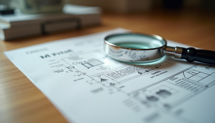 Eye-level view of a patent document and a magnifying glass on a wooden desk