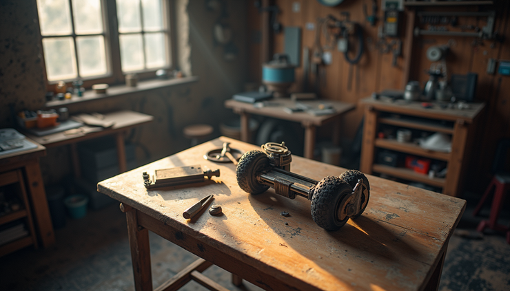 High angle view of a small workshop with tools and a partially assembled invention