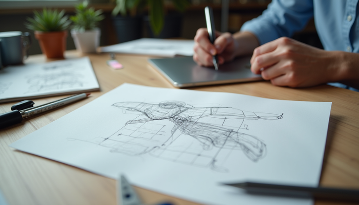 Close-up view of a designer’s workspace with sketches and prototypes of a new product
