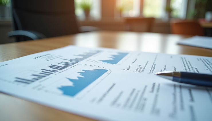 Eye-level view of a patent document and a market analysis report on a wooden desk