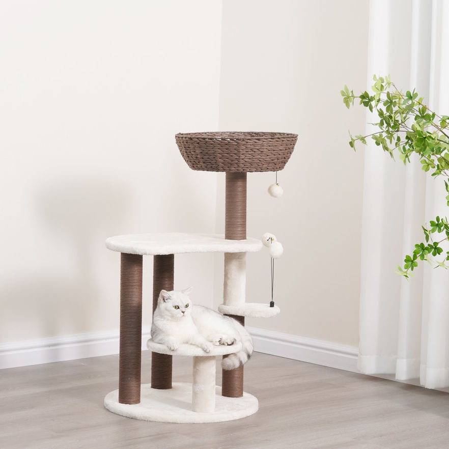 Petpals Quartz PP210341 cat tree with 5 levels, 4 scratching posts, a cat basket, and two cat toys with cat relaxing