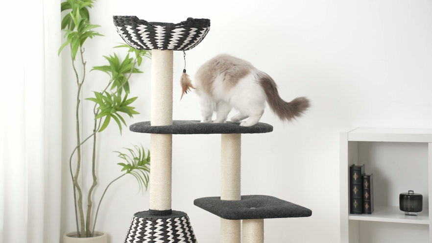 Petpals Ace PP2582 cat tree with 3 levels, 5 sisal scratching posts, a cat bed, a cat condo, and a toy