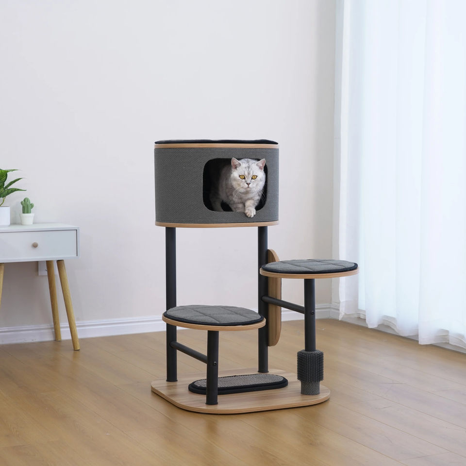 Petpals Starbz PP220327 steel cat tree with 4 levels, 2 scratching pads, 2 platforms, a cat condo, and a cat groomer in room