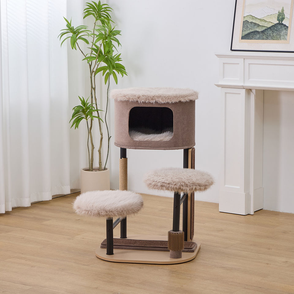 Large eco-friendly 4-level cat tree with soft shag cushions built with a strong steel frame and laminated wood.