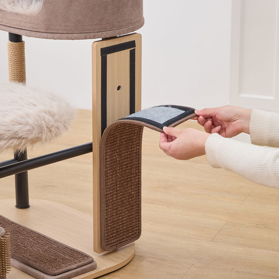 Eco-friendly cat tree. Peel off and easily replace worn scratching pads when needed!