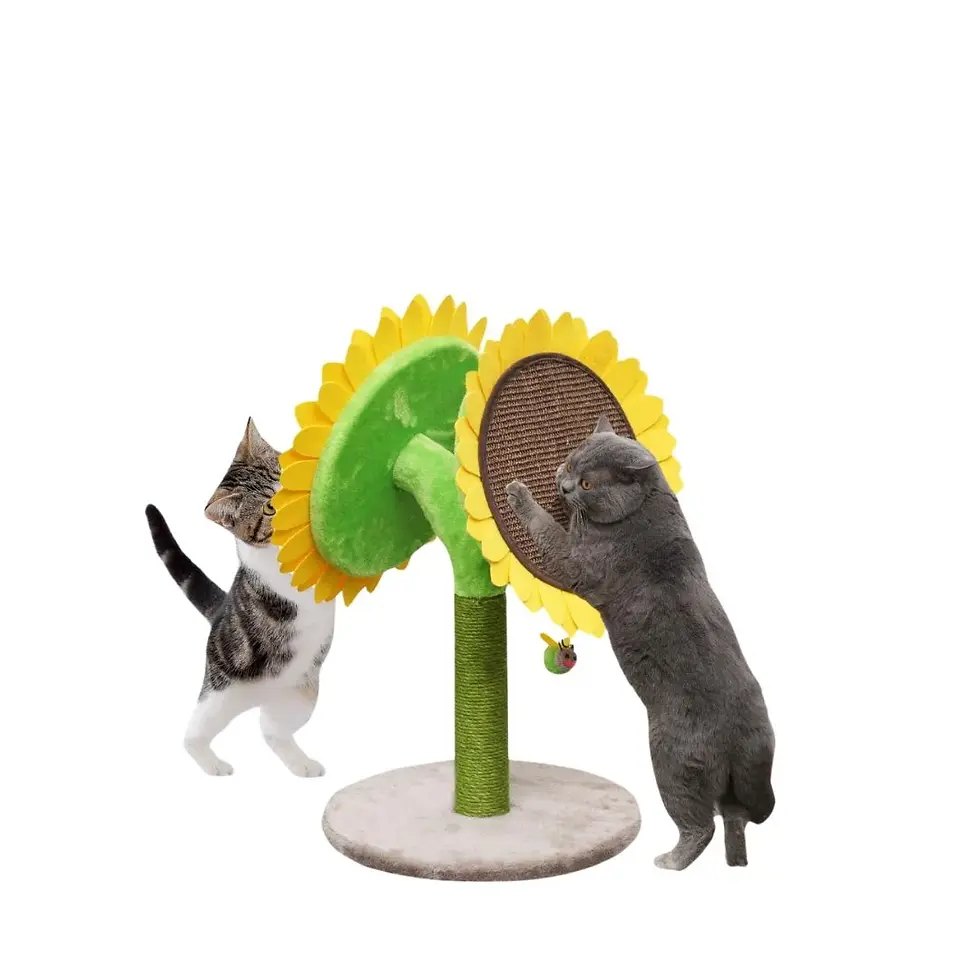 PetPals double sunflower cat scratcher with two cats scratching the sisal material on a white background.