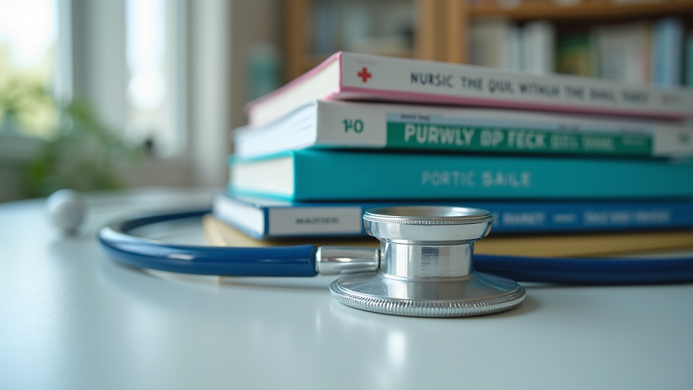 Close-up view of nursing textbooks and a stethoscope on a table