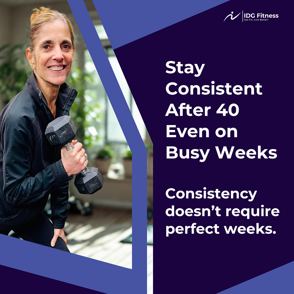 Woman over 40 doing a dumbbell strength workout at home, representing how to stay consistent with fitness after 40 even during busy weeks by adapting workouts to real-life schedules.