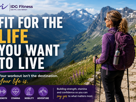 Woman hiking in the European Alps with trekking poles and a backpack, illustrating IDG Fitness’s message of building strength, stamina, mobility, and confidence for an active life after 40.