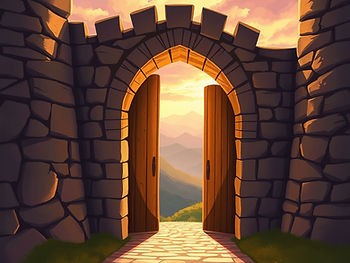 Illustration of an open castle door with golden light streaming through onto a stone path, set against a purple and gold sky, symbolizing an invitation to enter Kingdom Story House.