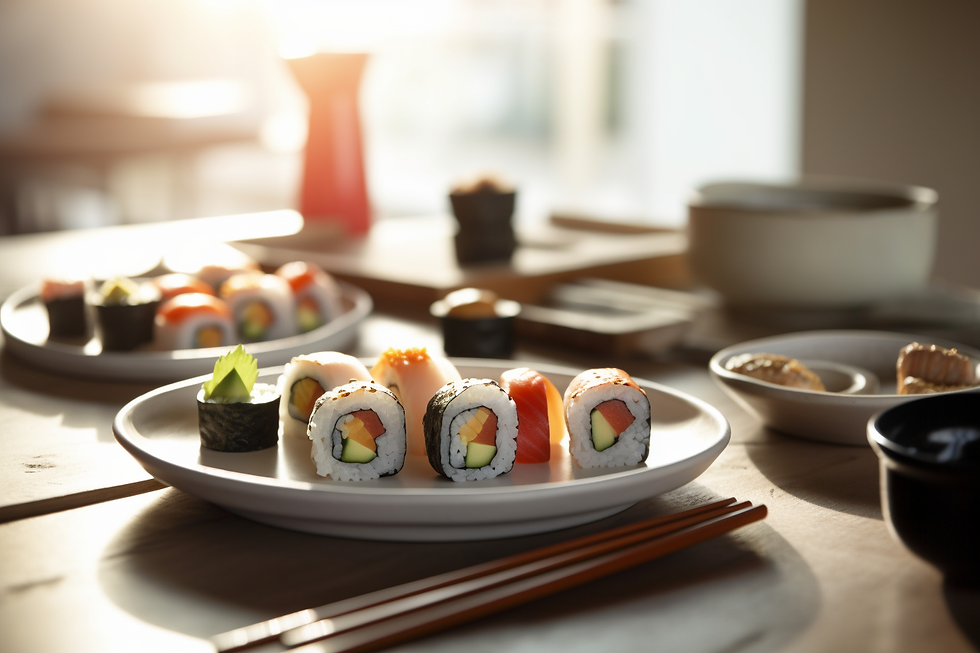 An elegant display of assorted sushi rolls, beautifully presented on a white plate, captures the essence of a modern Japanese dining experience, with soft ambient lighting enhancing the culinary artistry.