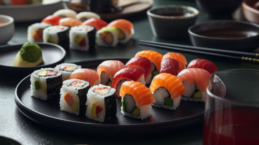 A beautifully arranged platter of assorted sushi, featuring colorful nigiri and maki rolls, set against a backdrop of traditional Japanese dining elements.