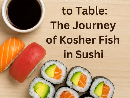 Fresh kosher sushi fish, including salmon and tuna fillets on ice with lemon slices, symbolizing the journey from ocean to table.