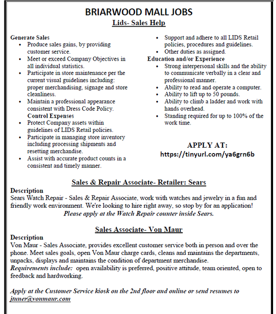 Briarwood Mall Jobs: May 2018