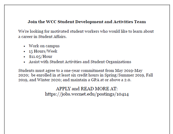 Hiring: WCC Student Development & Activities