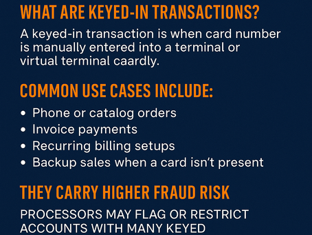 Graphic ad promoting secure keyed-in payment solutions for small businesses. Features a credit card being manually entered on a payment terminal, with bold text that reads: 'Keyed-In Transactions? Don’t Get Shut Down.' Includes 2nd Amendment Processing branding and a message about safer, more reliable merchant services.