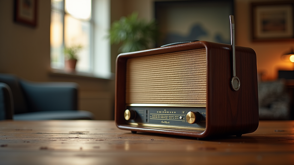 Eye-level view of a vintage radio on a wooden table