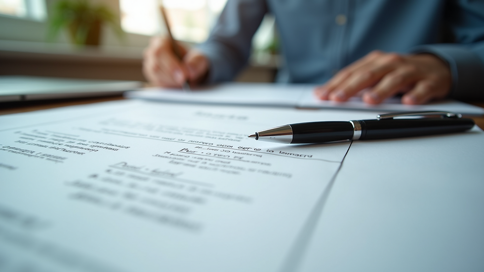 Eye-level view of a neat desk with legal documents and a pen