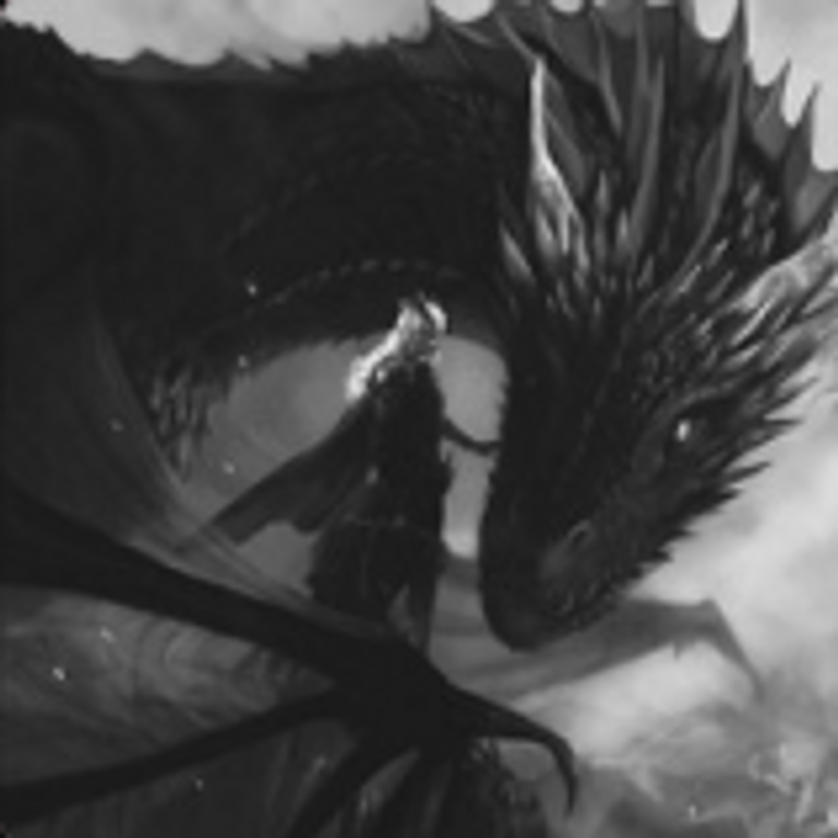 L1V3 album art: dark fantasy scene with a large dragon and a cloaked figure, monochrome, square format.