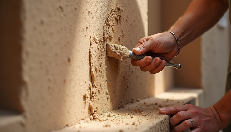 Close-up view of artisan applying mud plaster on adobe wall in Granada colonial house restoration