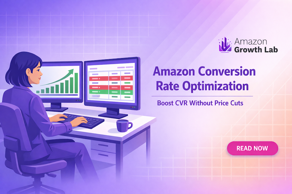 Amazon Growth Lab hero graphic showing a data analyst reviewing Amazon CVR dashboards with the headline "Amazon Conversion Rate Optimization: Boost CVR Without Price Cuts" on a purple-to-lavender gradient background.
