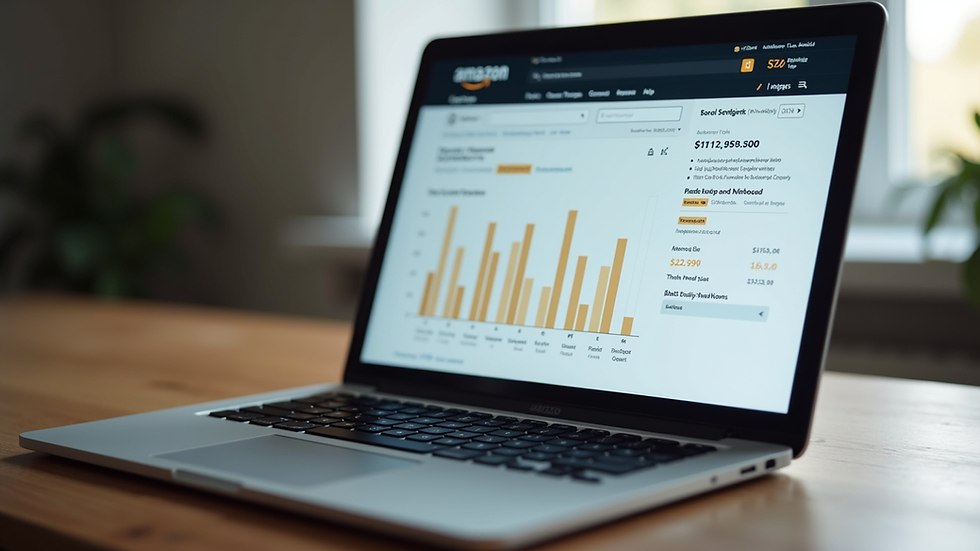 Eye-level view of a laptop screen showing Amazon advertising dashboard