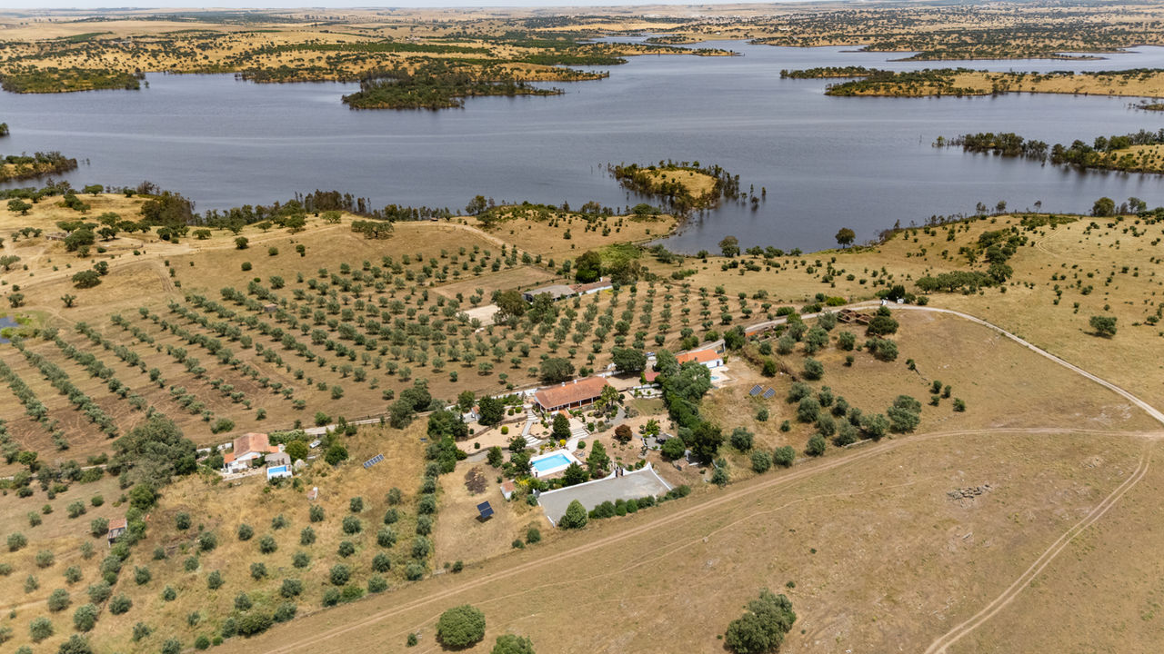 Wide drone view of lakefront estate with olive groves private land and lake in Ourique Alentejo