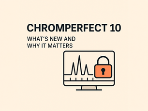 Illustration of a computer displaying a chromatogram with an orange padlock icon, representing data security and the key features of Chromperfect 10.