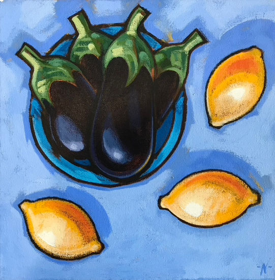 a painting of aubergines, alex nisbet,