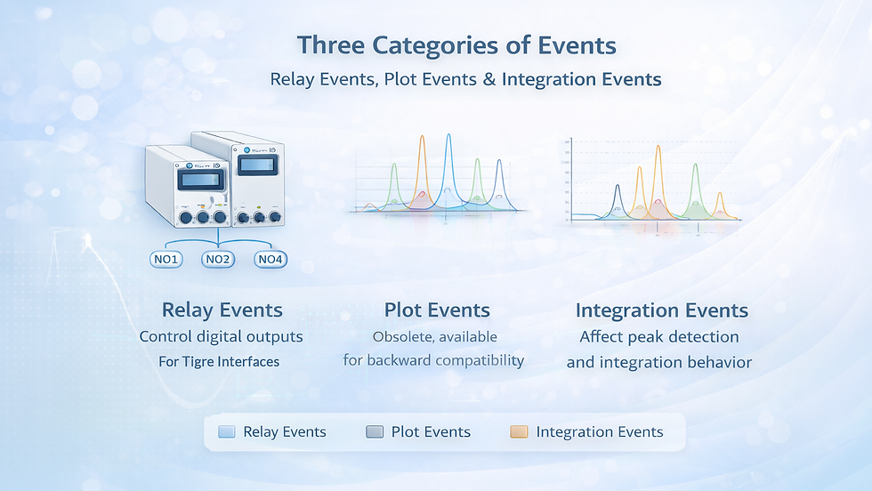 Three Categories of Events in Chromperfect Method Editor
Diagram showing relay events for Tigre interfaces, obsolete plot events, and integration events affecting peak detection
Illustration of Chromperfect event types: relay, plot, and integration events with chromatogram examples