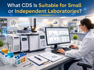 Small independent laboratory workspace with a gas chromatograph connected to a desktop computer displaying chromatography data system software, representing an affordable CDS solution for routine GC analysis.