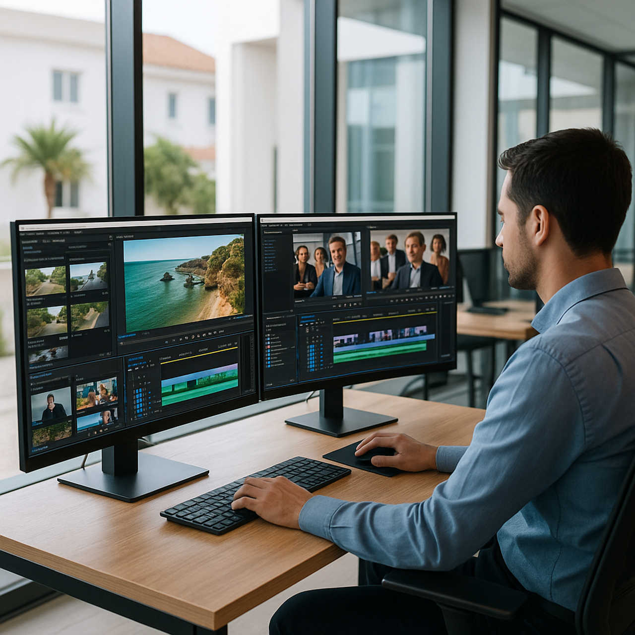 Close-up view of a video editing workstation with multiple screens