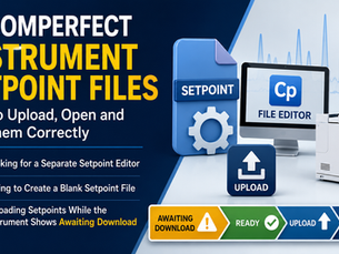 Chromperfect Instrument Setpoint Files tutorial thumbnail showing a gas chromatograph, File Editor, upload workflow, and the steps from Awaiting Download to Ready, Upload, Edit and Save.