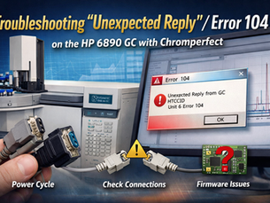 HP 6890 gas chromatograph connected to a PC displaying an “Unexpected Reply / Error 104” message in Chromperfect, with serial cables shown unplugged to illustrate communication troubleshooting.