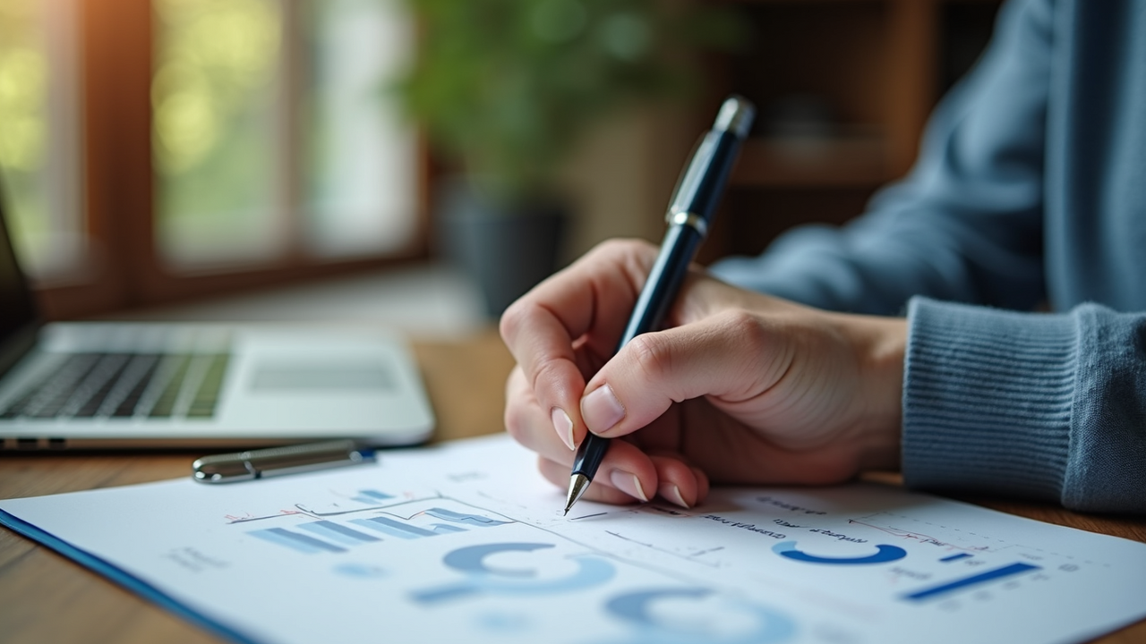 High angle view of a person writing notes on digital marketing strategy