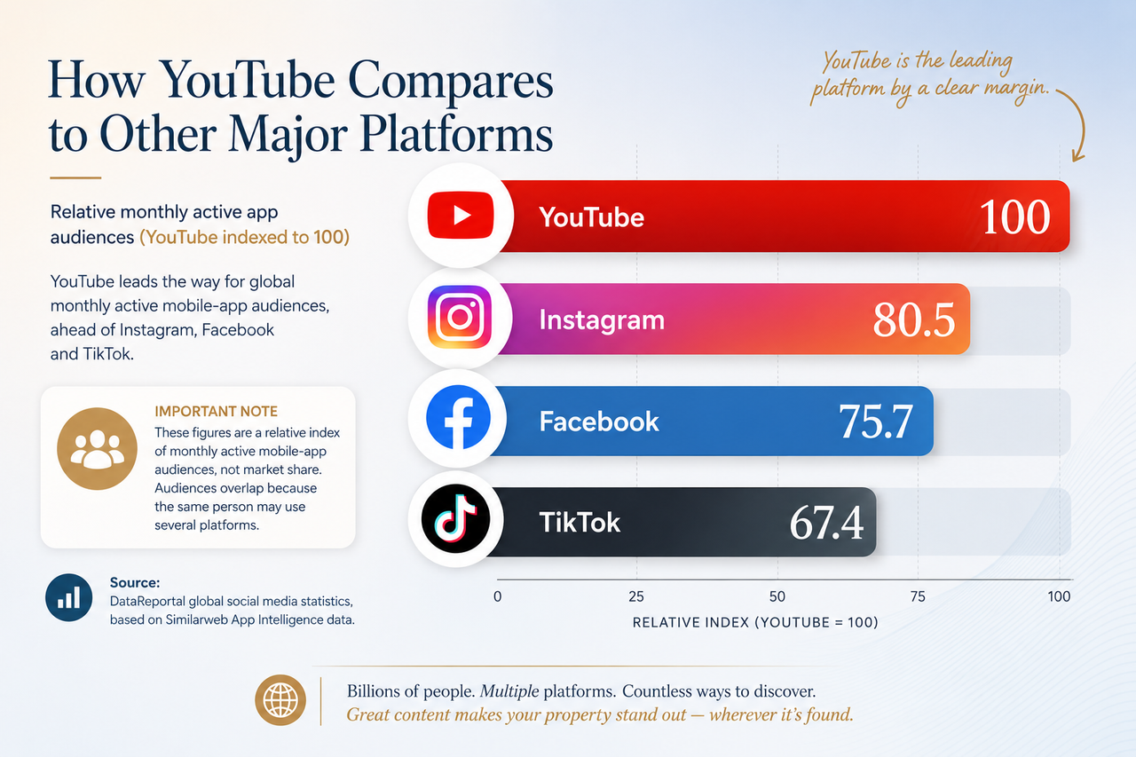 Horizontal bar chart comparing global monthly active app audiences with YouTube indexed at 100, Instagram 80.5, Facebook 75.7 and TikTok 67.4