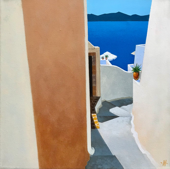 Landscape painting of Santorini, art, artist, Alex Nisbet, Scottish Artist,