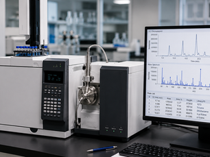 Alt text: **A modern gas chromatography laboratory setup showing a GC MS instrument beside a computer screen with configuration settings and setpoint values displayed.**