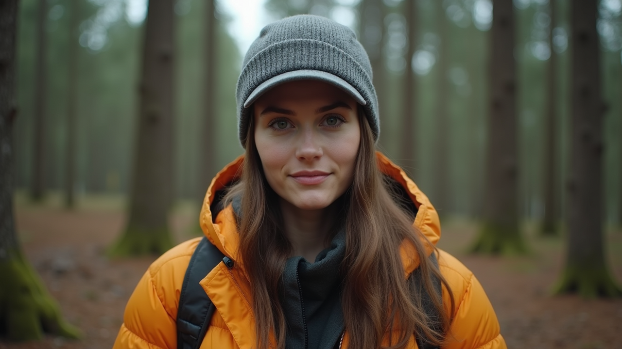 Eye-level view of a model wearing outdoor clothing in a forest setting