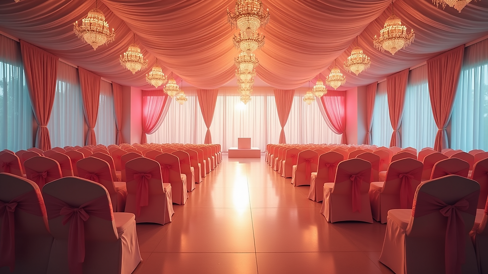 Wide angle view of a decorated event hall ready for guests