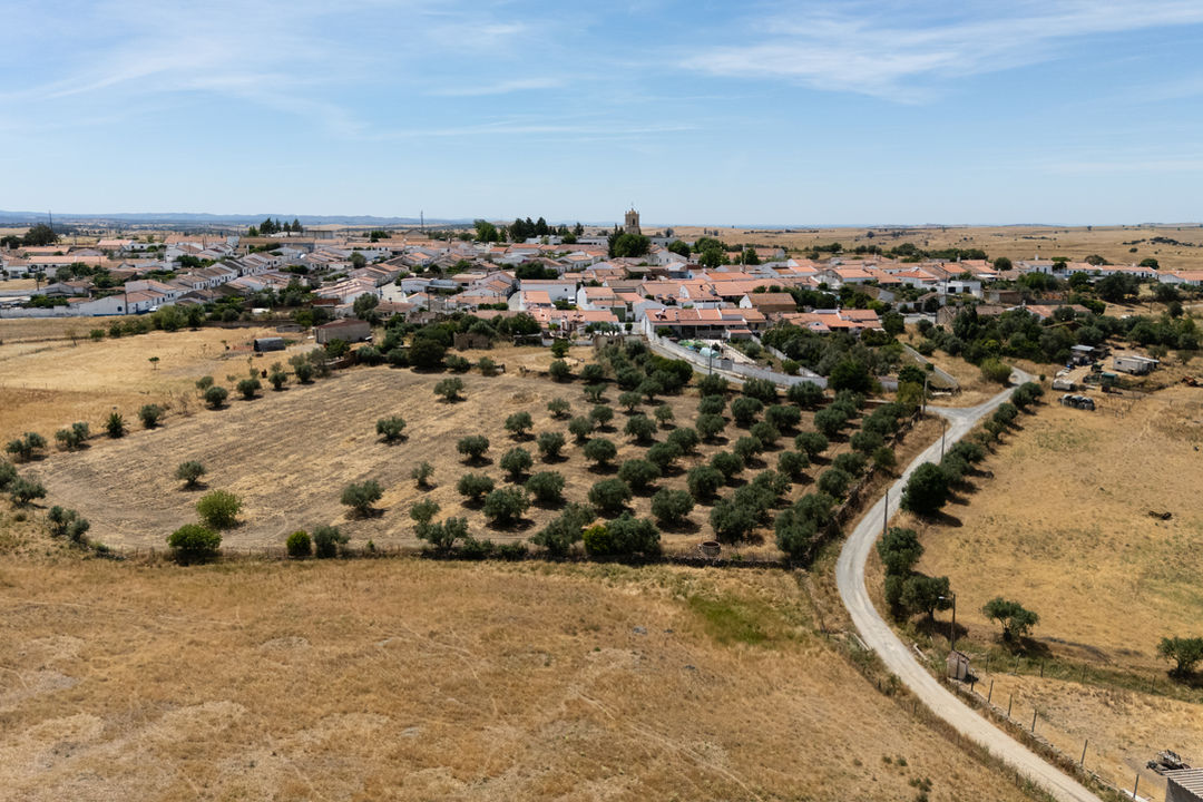 Drone view of countryside and village surroundings near Casével in Alentejo.