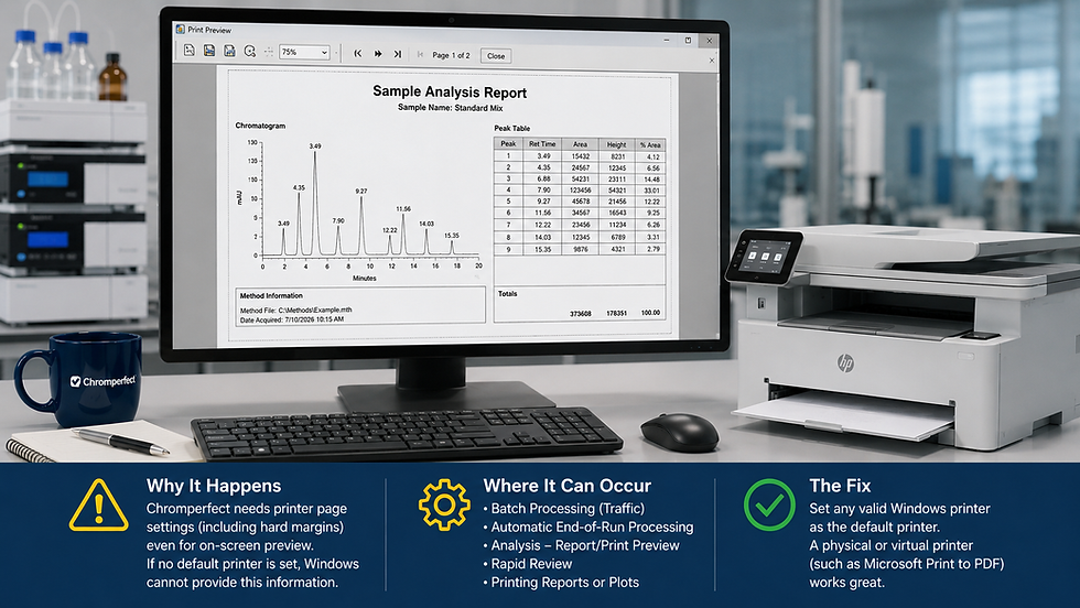 Laboratory computer displaying a Chromperfect-style sample analysis report preview beside a printer, illustrating how report preview, batch processing, and printing rely on Windows default printer settings.